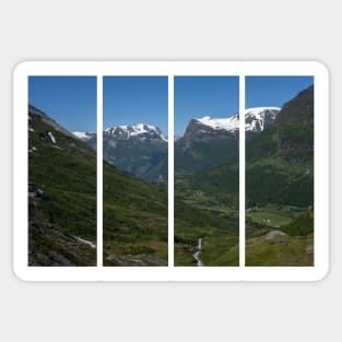 Wonderful landscapes in Norway. Vestland. Beautiful scenery of mountain valley in Djupevatn on the Geiranger -Trollstigen scenic route. Snowed mountains and winding roads in background Sticker